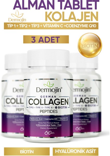 3 Kutu - Biotin, Coenzyme Q10, Hyaluronic Acid, C Vitaminiçeren %100 Saf Tablet Alman Kolajeni