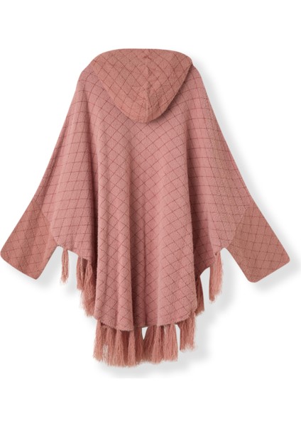 Kadın Pudra Kapüşonlu Dokulu Panço modelleri