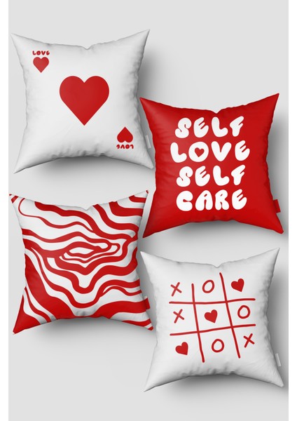 Beyaz Kırmızı Kalp Love Desenli 4'lü Kırlent Kılıfı Seti