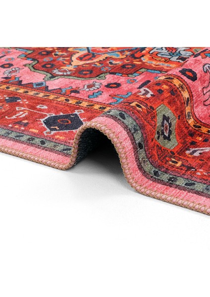 Beylerbeyi By 831 Kırmızı Pembe Etnik Desenli Otantik Salon Halısı Yıkanabilir Dokuma Şönil Halı