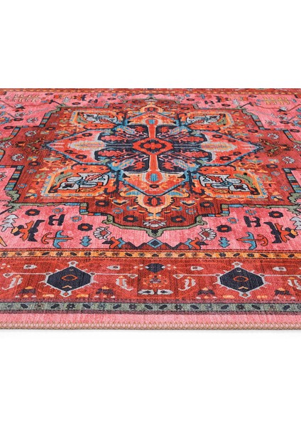Beylerbeyi By 831 Kırmızı Pembe Etnik Desenli Otantik Salon Halısı Yıkanabilir Dokuma Şönil Halı