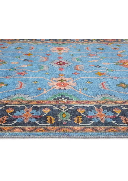 Beylerbeyi By 845 Mavi Halı Çiçek Desenli Otantik Ev Salon Halısı Yıkanabilir Dokuma Şönil Halı