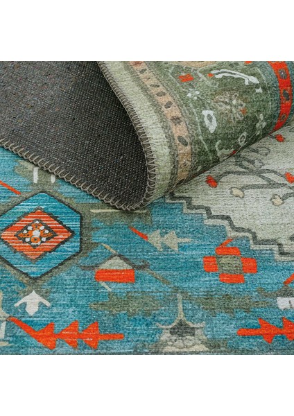 Beylerbeyi By 832 Yeşil Halı Etnik Desenli Otantik Ev Salon Halısı Yıkanabilir Dokuma Şönil Halı