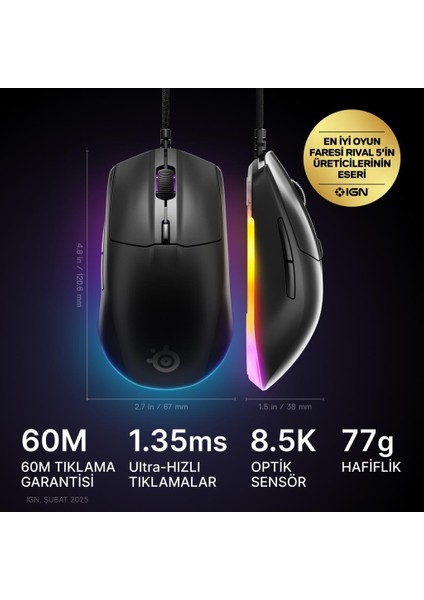 Rival 3 Gen 2 Rgb Kablolu Gaming Mouse Siyah