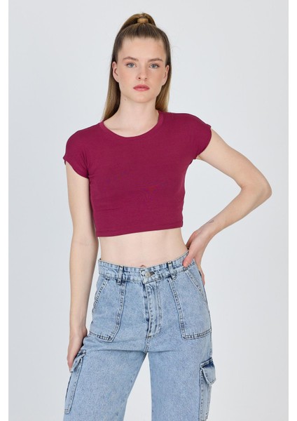 Bordo Bisiklet Yaka Pamuklu Slim Fit Crop Tişört 9199M