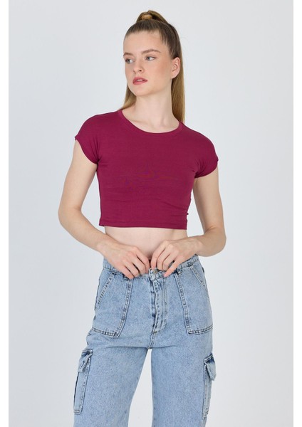 Bordo Bisiklet Yaka Pamuklu Slim Fit Crop Tişört 9199M fiyatları