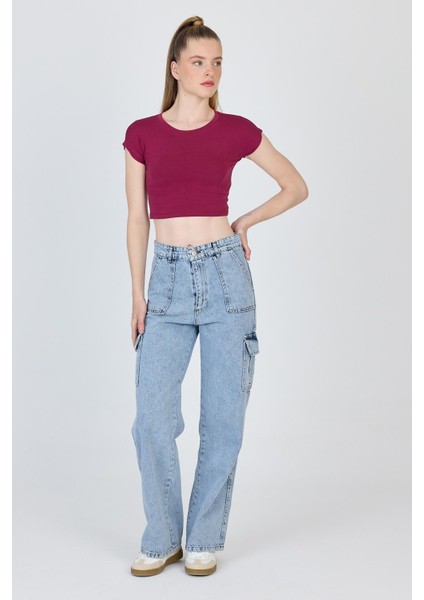 Bordo Bisiklet Yaka Pamuklu Slim Fit Crop Tişört 9199M modelleri