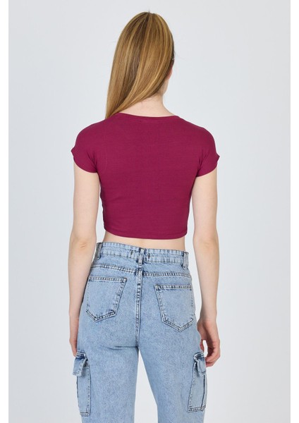 Bordo Bisiklet Yaka Pamuklu Slim Fit Crop Tişört 9199M indirimleri