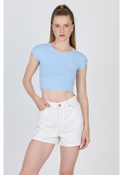 Mavi Bisiklet Yaka Pamuklu Slim Fit Crop Tişört 9199M