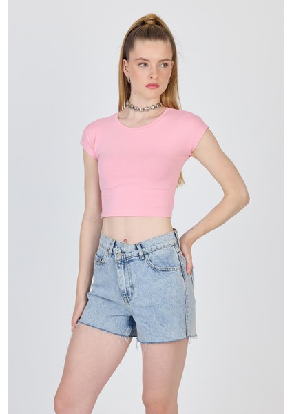 Pembe Bisiklet Yaka Pamuklu Slim Fit Crop Tişört 9199M