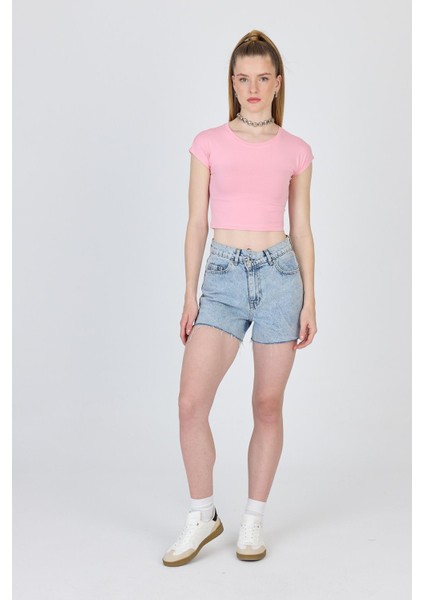 Pembe Bisiklet Yaka Pamuklu Slim Fit Crop Tişört 9199M fiyatları