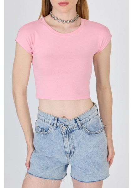 Pembe Bisiklet Yaka Pamuklu Slim Fit Crop Tişört 9199M modelleri