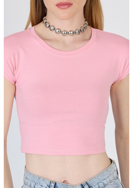 Pembe Bisiklet Yaka Pamuklu Slim Fit Crop Tişört 9199M fırsatları