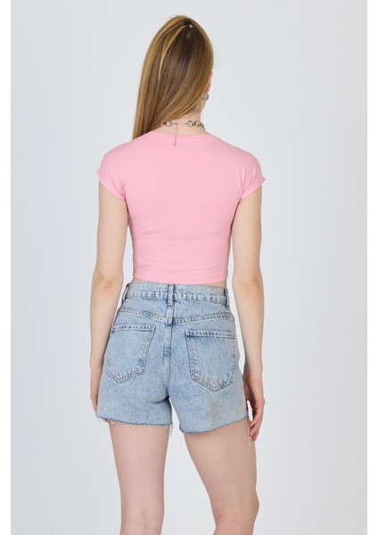 Pembe Bisiklet Yaka Pamuklu Slim Fit Crop Tişört 9199M indirimleri