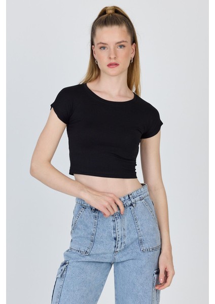 Siyah Bisiklet Yaka Pamuklu Slim Fit Crop Tişört 9199M modelleri