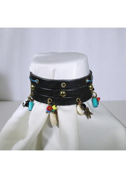 Kokoş Kadın Deri Bileklik | Mavi Ip Detaylı Bohem Charmlı Klipsli Bileklik 18-21 cm modelleri