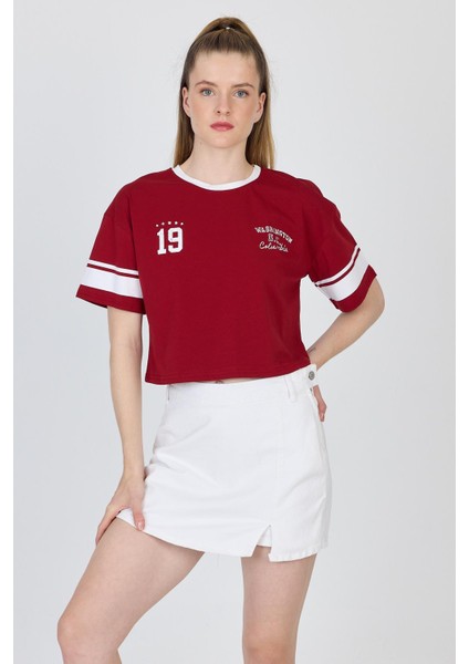 Bordo Yazı Baskılı Crop Tişört 6584