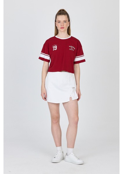 Bordo Yazı Baskılı Crop Tişört 6584 fiyatları