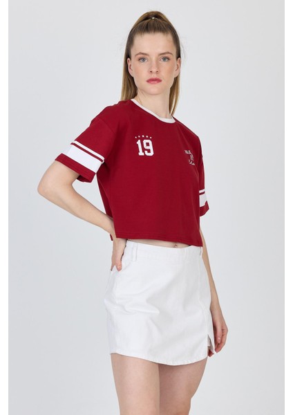 Bordo Yazı Baskılı Crop Tişört 6584 modelleri