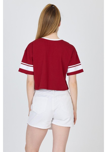 Bordo Yazı Baskılı Crop Tişört 6584 indirimleri