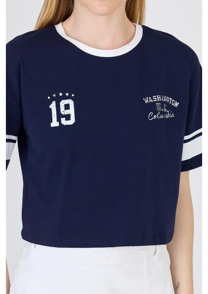 Lacivert Yazı Baskılı Crop Tişört 6584 fırsatları