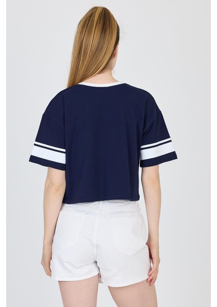 Lacivert Yazı Baskılı Crop Tişört 6584 indirimleri