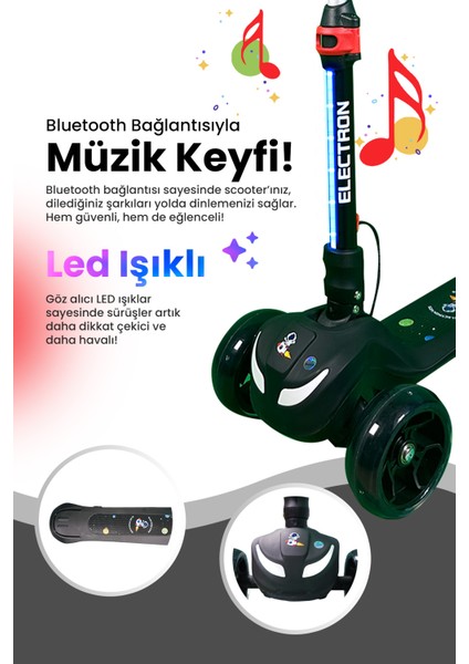 LED Işıklı Hoparlörlü 3 Tekerlekli Yükseklik Ayarlı Elektrikli Scooter - 60W