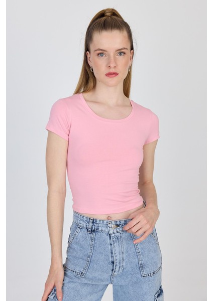 Pembe Bisiklet Yaka Basic Crop Tişört 9200M fiyatları