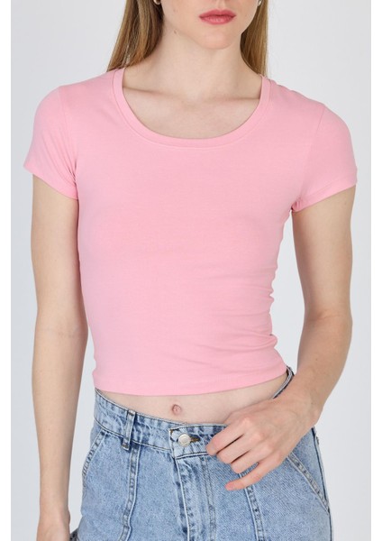 Pembe Bisiklet Yaka Basic Crop Tişört 9200M fırsatları