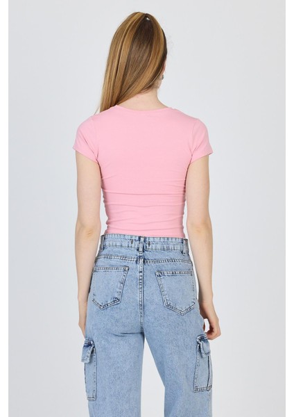 Pembe Bisiklet Yaka Basic Crop Tişört 9200M indirimleri