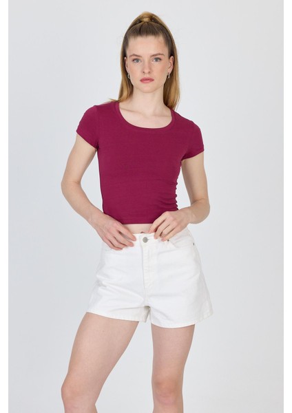 Bordo Bisiklet Yaka Basic Crop Tişört 9200M modelleri