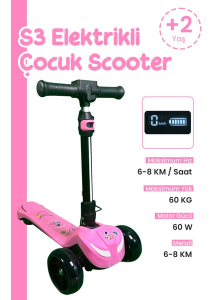 LED Işıklı Hoparlörlü 3 Tekerlekli Yükseklik Ayarlı Elektrikli Scooter - 60W