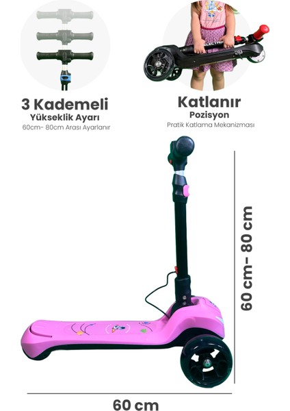 LED Işıklı Hoparlörlü 3 Tekerlekli Yükseklik Ayarlı Elektrikli Scooter - 60W modelleri