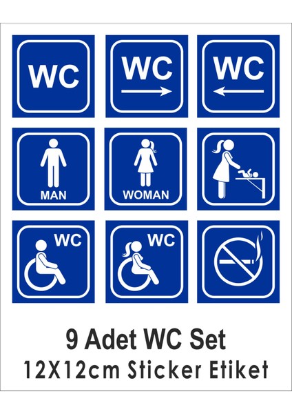 9 Lu Wc Seti Sticker Etiket Boyut 12X12 cm Kendinden Yapışkanlı Dış Mekana Uygun