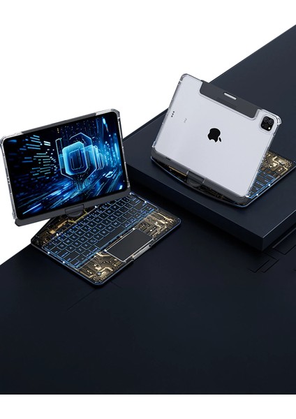 JP11 Ipad Pro 11 (2022) Kılıf Vales Dönen Ledli Klavyeli Tablet Kılıfı - Siyah Mrayd