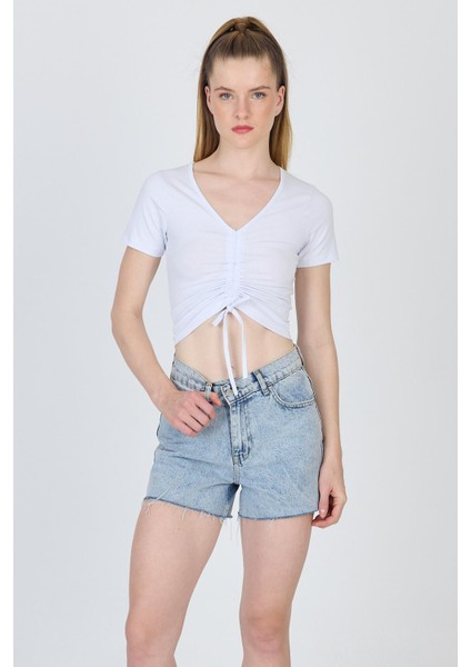 Beyaz V Yaka Büzgülü Crop Tişört 9201M