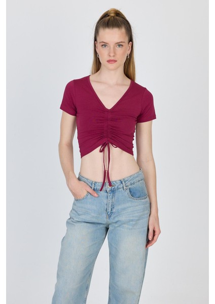 Bordo V Yaka Büzgülü Crop Tişört 9201M