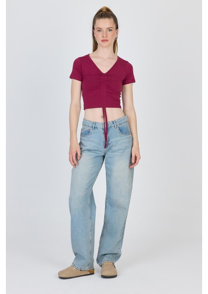 Bordo V Yaka Büzgülü Crop Tişört 9201M fiyatları