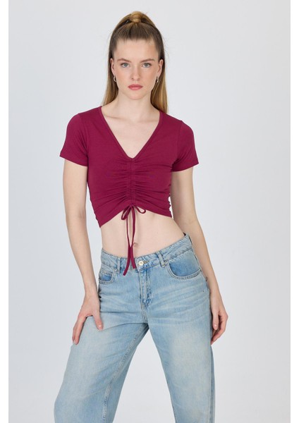 Bordo V Yaka Büzgülü Crop Tişört 9201M modelleri