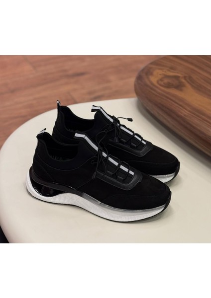 1096 Siyah Nubuk-Beyaz Taban Hakiki Deri Erkek Sneakers