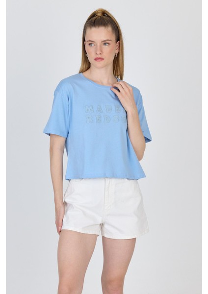 Bebe Mavi Yazı Nakışlı Crop Tişört 25259