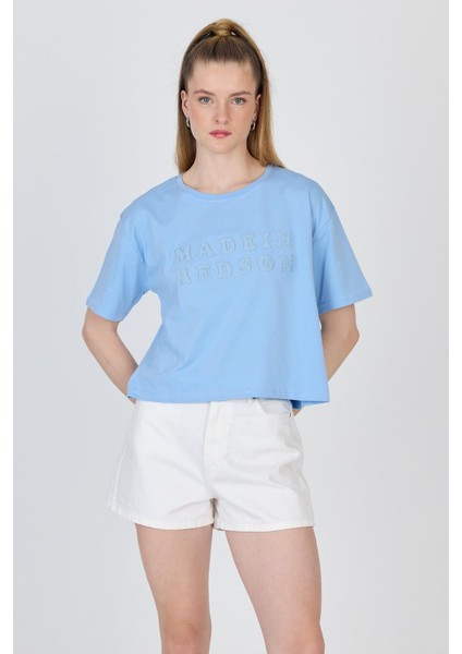 Bebe Mavi Yazı Nakışlı Crop Tişört 25259 modelleri