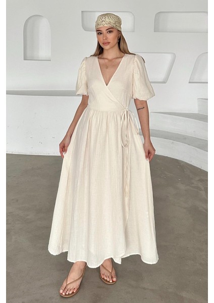 V Yaka Belden Bağlamalı Müslin Elbise Bej 9354-E