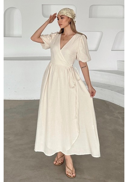 V Yaka Belden Bağlamalı Müslin Elbise Bej 9354-E fiyatları
