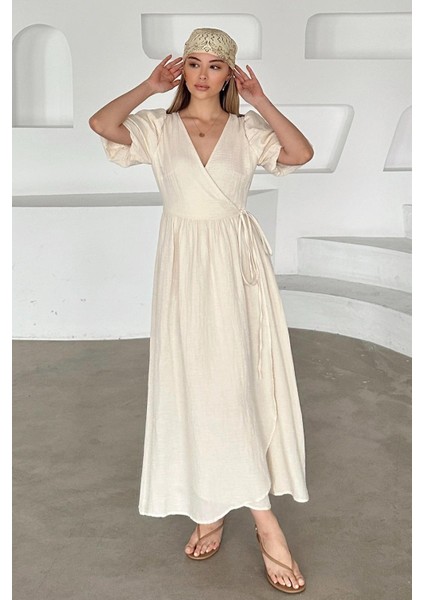 V Yaka Belden Bağlamalı Müslin Elbise Bej 9354-E modelleri