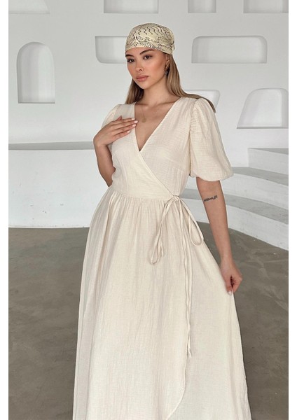 V Yaka Belden Bağlamalı Müslin Elbise Bej 9354-E indirimleri