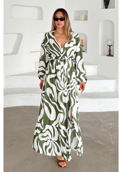 V Yaka Yırtmaç Detaylı Desenli Elbise Haki 9350-E