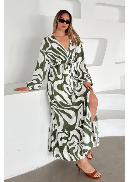 V Yaka Yırtmaç Detaylı Desenli Elbise Haki 9350-E fiyatları