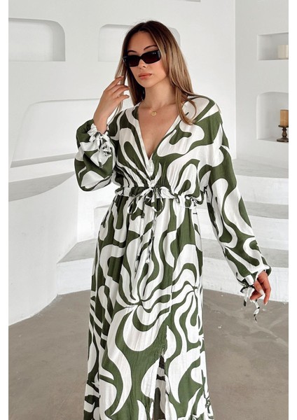 V Yaka Yırtmaç Detaylı Desenli Elbise Haki 9350-E modelleri