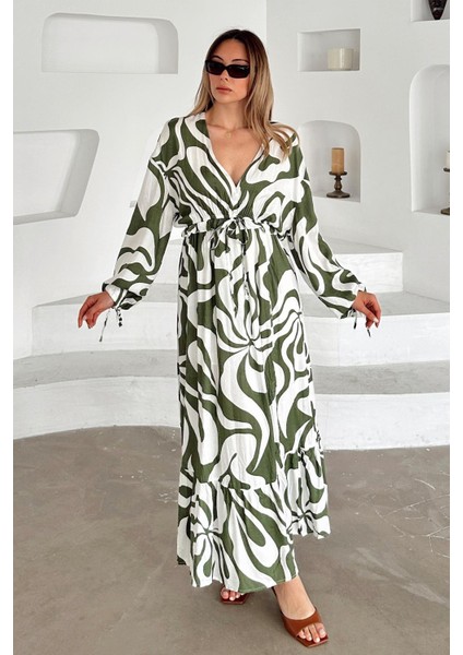 V Yaka Yırtmaç Detaylı Desenli Elbise Haki 9350-E fırsatları